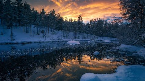 Ringerike Norway Sky Winter River Snow Clouds Colors Hd