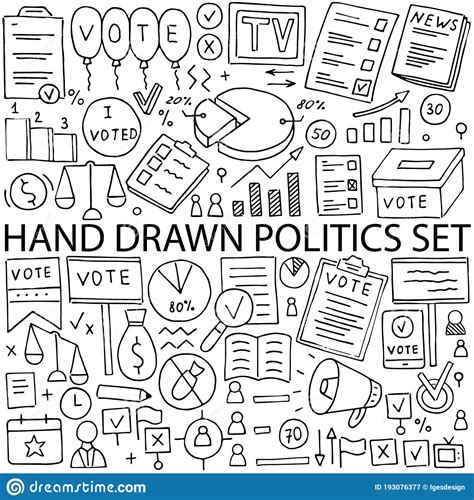 Political Icons Drawn By Hand Vector Set Doodle On The Topic Of