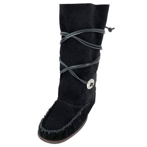 Women S Black Suede Moccasin Boots With Black Laces And Silver Conchos The Brown Bear