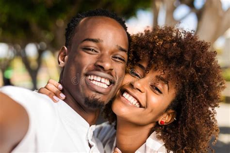 Outdoor Protrait Of African American Couple Taking A Selfie Stock Image Image Of Adult