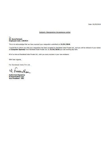 12 Acceptance Of Resignation Letter Templates In Word Pages Pdf