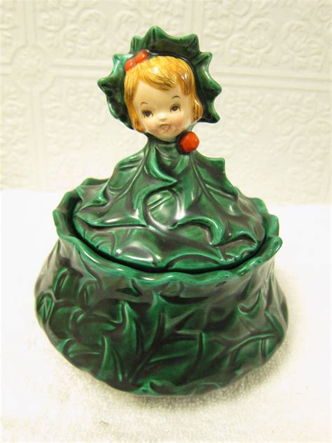 Rare Lefton Green Holly Ware Girl Candy Dish Canister Christmas