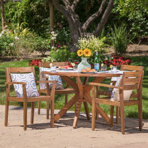 Buy Burke Outdoor 5 Piece Acacia Wood Round Dining Set Teak Finish