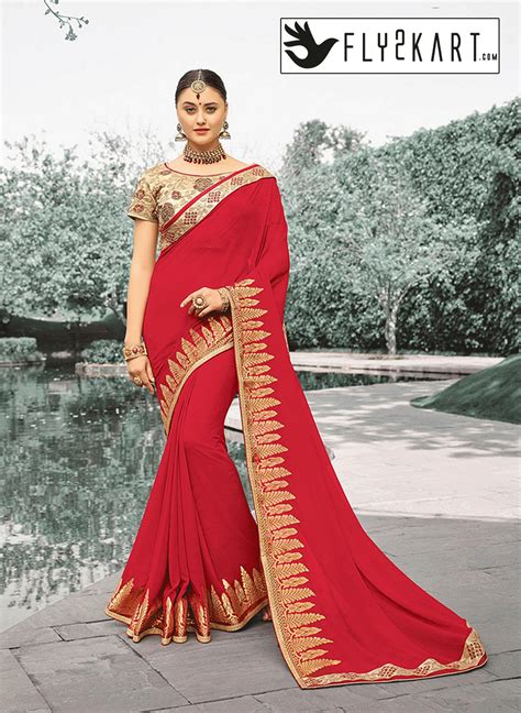 Red And Cream Embroidery Saree Red And Cream