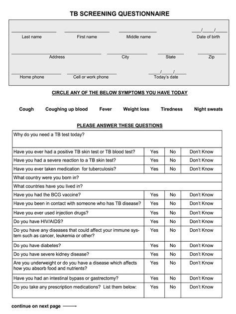 Printable Tb Questionnaire Customize And Print