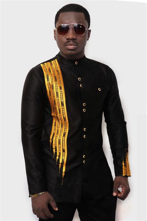 Black And Gold Mens Long Sleeve Shirt With Embroidered Strips African