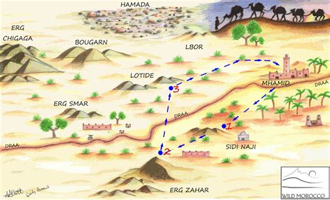 It covers some 77,000 square miles (200,000 square km) of territory. Map for Desert Treks in the Sahara Desert Morocco