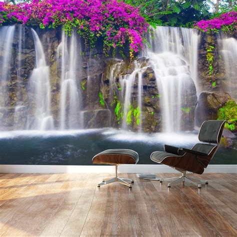 Lush Waterfall And Flowers Landscape Wall Mural 66x96 Etsy Large