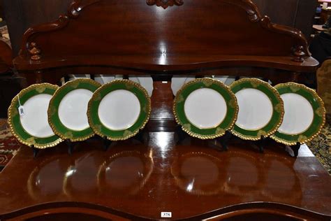 Antique Limoges Porcelain Plates With Green Border And Gilding