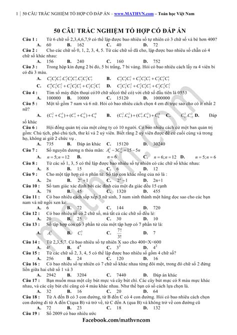50 bài tập trắc nghiệm tổ hợp chỉnh hợp hoán vị quy tắc đếm có đáp