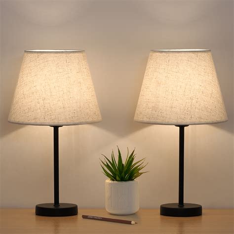 Set Of 2 Haitral Modern Black Metal Bedside Lamp With White Linen Shade