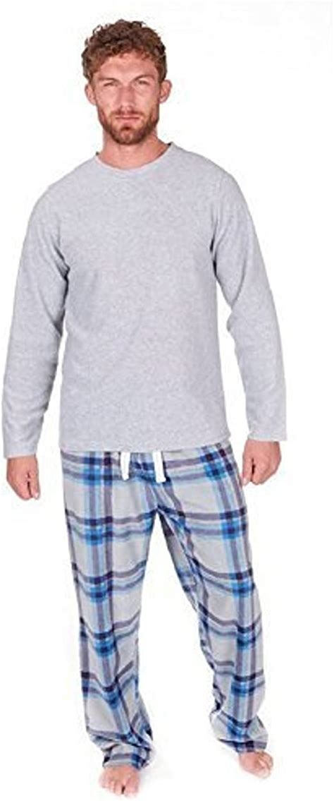 Mens Warm Winter Microfleece Pyjama Pajama Set With Long Sleeve Top Medium Grey Blue