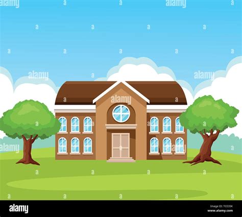 Edificio Escolar En La Naturaleza Dibujos Animados Imagen Vector De Stock Alamy