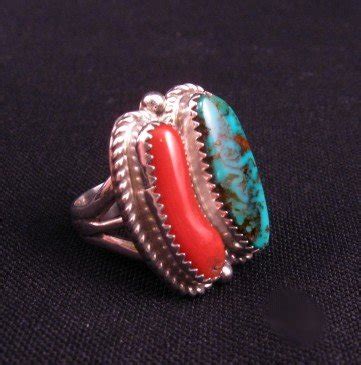 Native American Turquoise Coral Silver Ring Sz Gene Martha
