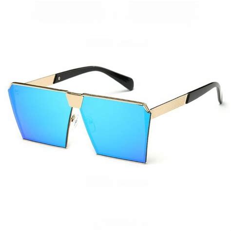 Mask Shape Celebrity Square Oversized Sunglasses Gold Metal Frame Blue Mirrored Gold Sunglasses