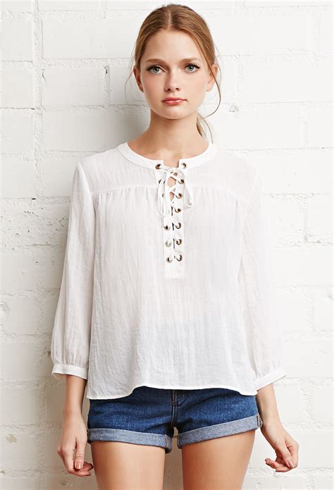 Lyst Forever 21 Lace Up Peasant Top In White