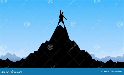 Traveler Man Silhouette Stand Top Mountain Rock Peak Climber Stock