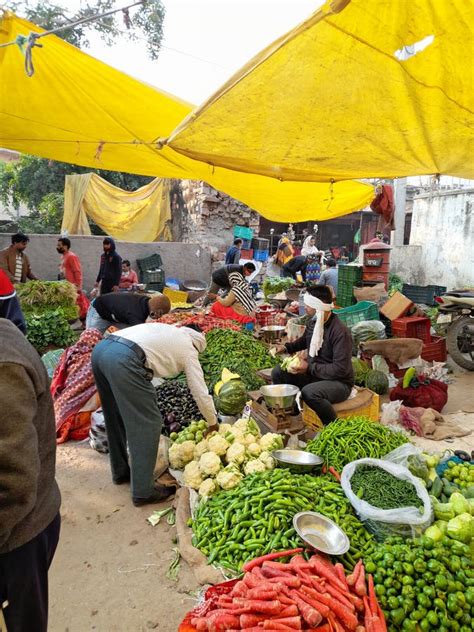 Traditional Indian Vegetable Market People Purchasing Vegetables From