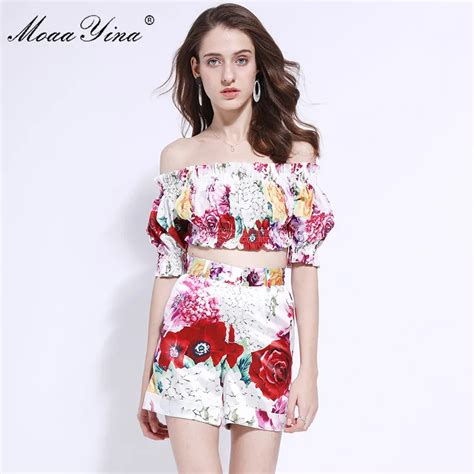 moaayina sexy party off shoulder women s two piece suit pleat rose floral print elastic lantern