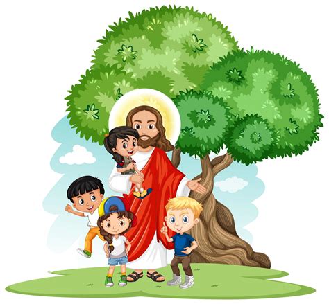 Jesús Con Un Grupo De Niños Conjunto De Personajes De Dibujos Animados