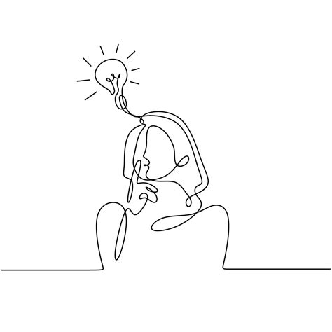 Continuous One Drawn Line Of A Woman Thinking With Light Bulb Above Her