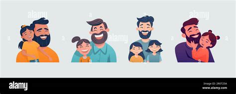 cartoon flat characters father and his little daughter set happy smiling hugging people