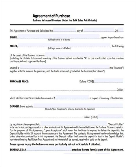 Purchase Of Business Agreement Template
