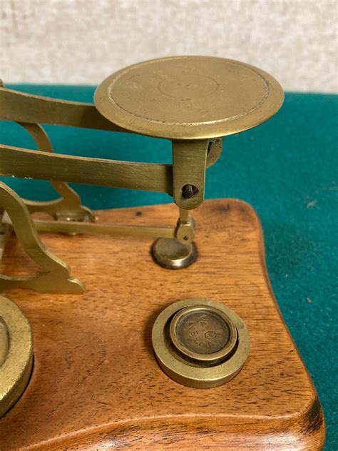 Antique Petite Brass Postal Scale With Brass Weights And Wooden Base