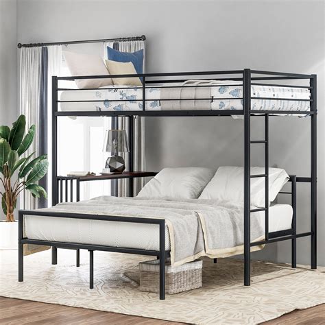 Twin Over Full Metal Bunk Bed With Desk Ladder And Quality Slats For