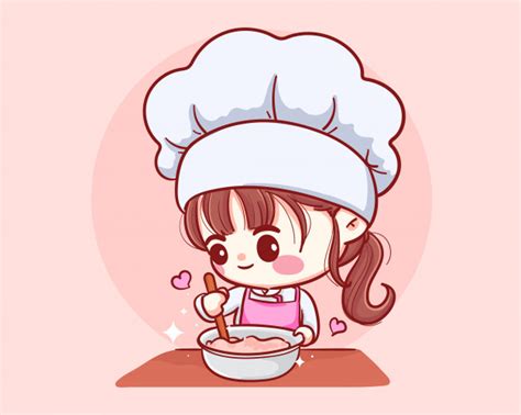 Bakery cartoon 13 of 31. Premium Vector | Cute bakery chef girl cooking smiling cartoon art illustration logo.