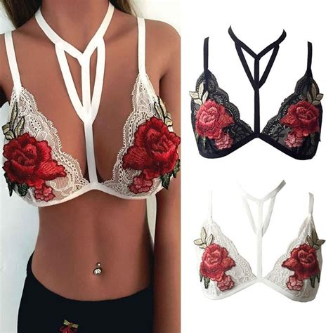 Buy Women Halter Sexy Lace Floral Embroidery Flowers Bralette Bandage