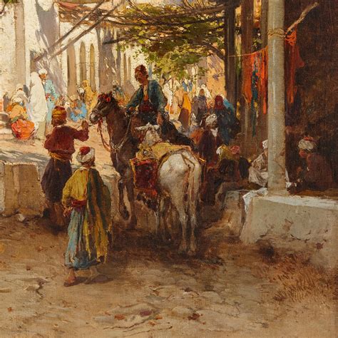 Large Orientalist Oil Painting Of A Market Scene By