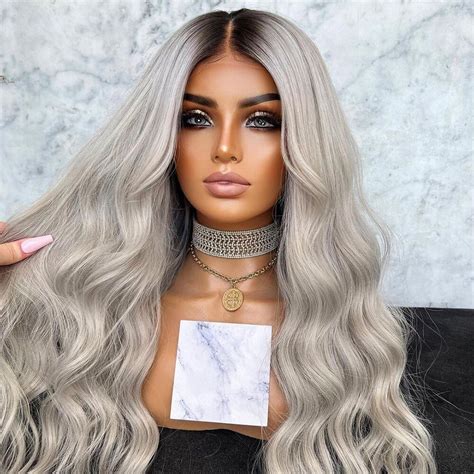 fanxition ombre gray long body wave lace front wigs two tone grey wavy synthetic wig for women