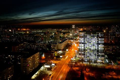 Aerial Shot Of The Siberian Capital Novosibirsk City At Sunset Stock