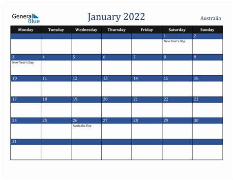 January 2022 Australia Monthly Calendar With Holidays