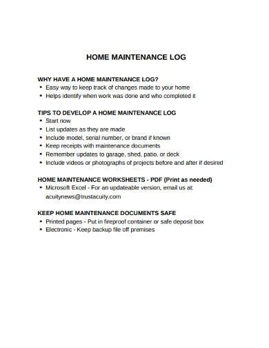 10 Home Maintenance Log Templates Pdf Doc
