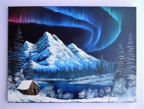 Bob Ross Style Oil Painting Northern Lights Alaska Winter Cabin Snow