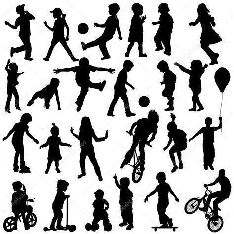 Group Of Active Children Hand Drawn Sillhouettes Of Kids Playin