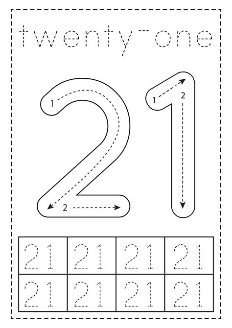 Tracing Number Twenty One Preschool Worksheet Black And White