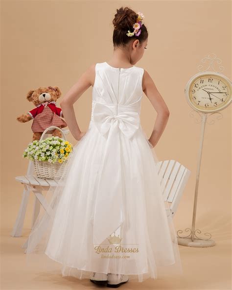 Ivory Satin And Tulle Floor Length Flower Girl Dress With Elegant Bow Linda Dress