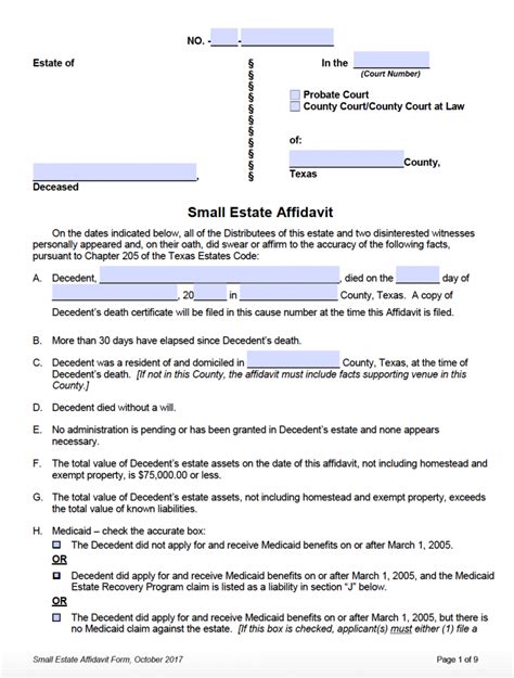 Texas Small Estate Affidavit Form Dallas County PrintableAffidavitForm Com