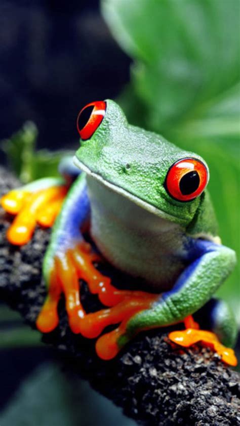 A large smooth green frog with orange eyes lies on a branch in a terrarium. Cute frog wallpaper by Lovely_nature_27 - 85 - Free on ZEDGE™