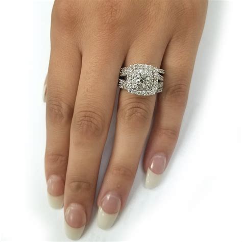 Ct Diamond Engagement Wedding Double Cushion Halo Trio Ring Set K