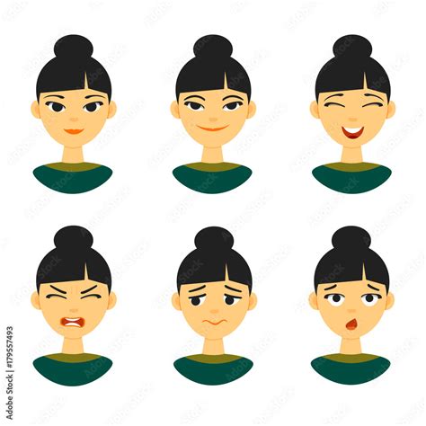 Collection Of Different Chinese Asian Female Woman Emotions Expression
