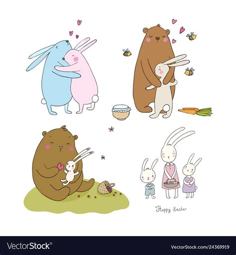 Cute Cartoon Hares And A Bear Easter Bunnies Vector Image
