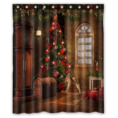 Phfzk Winter Holiday Shower Curtain Merry Christmas Tree Vintage Style