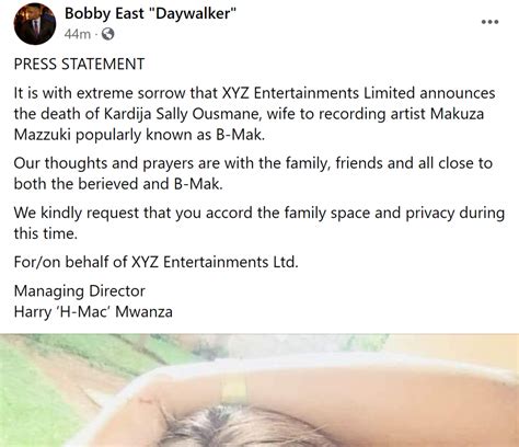 Xyz Ent Releases Statement On The Passing Of B Maks Wife Zambian