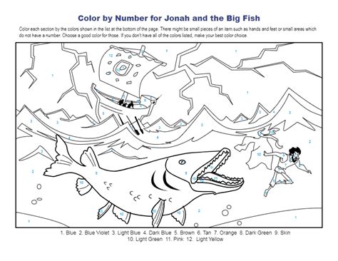 Jonah And The Big Fish Color By Number Childrens Bible Activities