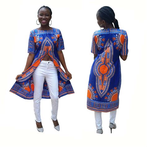 African Dashiki Blue Long Split Shirts 2mpresz