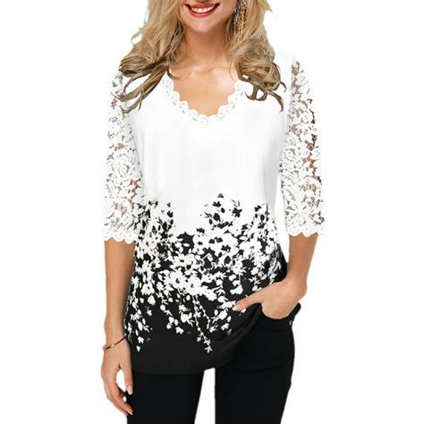 Lallc Womens Plus Size 34 Sleeve V Neck Shirt Floral Loose Blouse